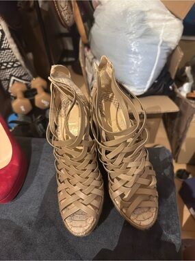 Christian Louboutin Woven Strappy Peep-Toe Wedge — Tan